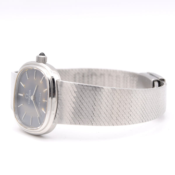1977 Omega De Ville ladies wristwatch ref 711.2029 satin blue patina dial - integral bracelet + box