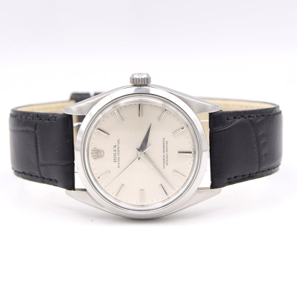 1965 Rolex Oyster Perpetual chronometer certified Model 1002 with satin silvered Dial in Stainless Steel