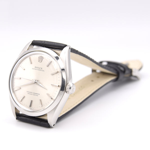 1965 Rolex Oyster Perpetual chronometer certified Model 1002 with satin silvered Dial in Stainless Steel