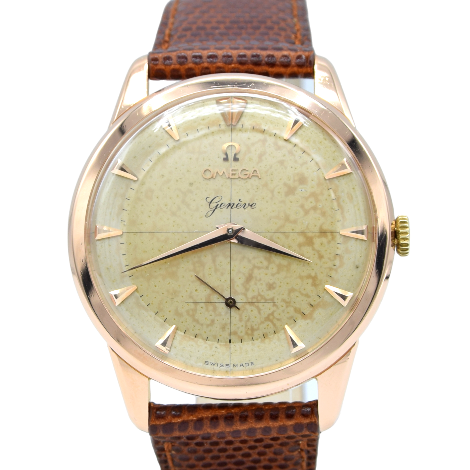 1954 Omega Geneve 36mm in Solid 18k pink Gold with Original Two-Tone Dial Cross Hair Dial