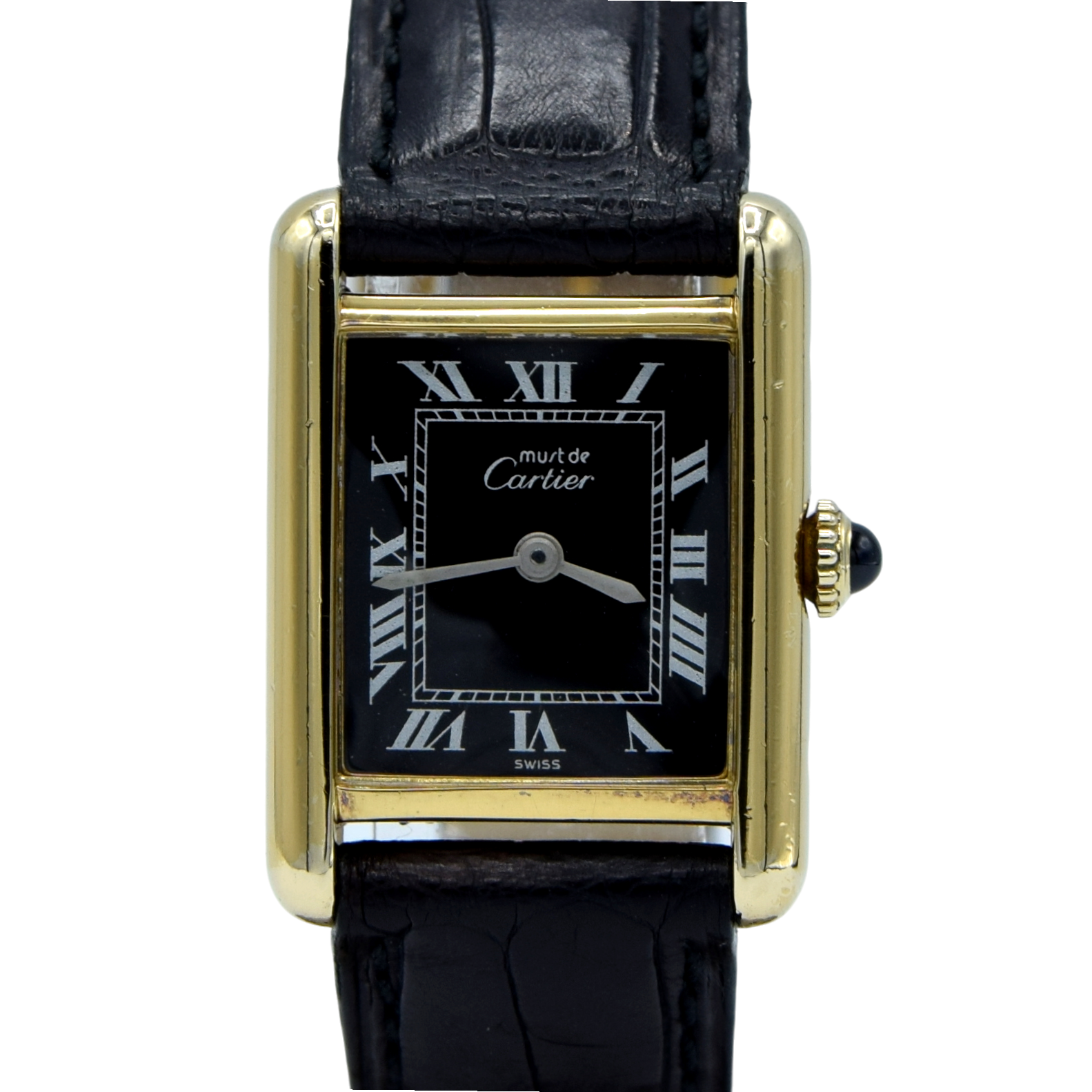 1970s Cartier Ladies Tank 925 Sterling Silver Gilt Vermeil Mechanical Manual Wind with rare black Roman Dial