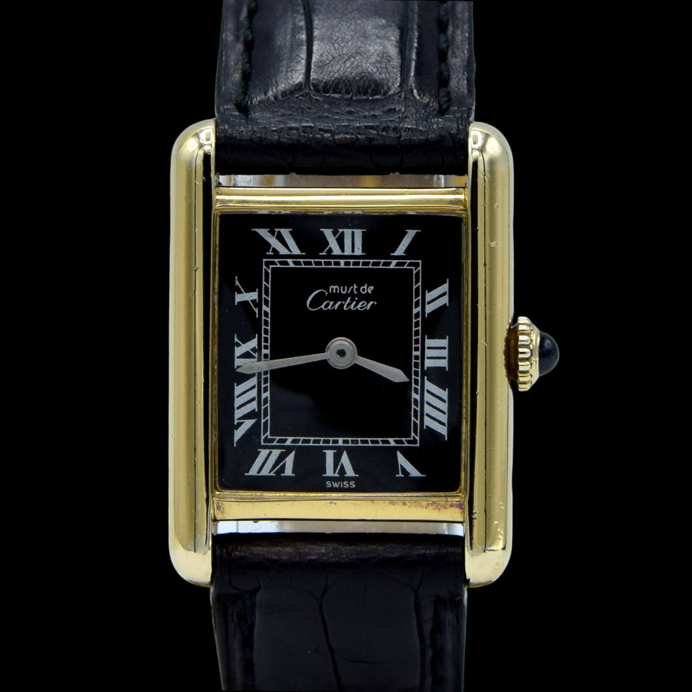 1970s Cartier Ladies Tank 925 Sterling Silver Gilt Vermeil Mechanical Manual Wind with rare black Roman Dial