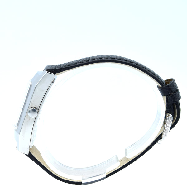 1990s Alfred Dunhill 'Facet' swiss Mechanical Wristwatch with silvered Dial on leather + Buckle & Box