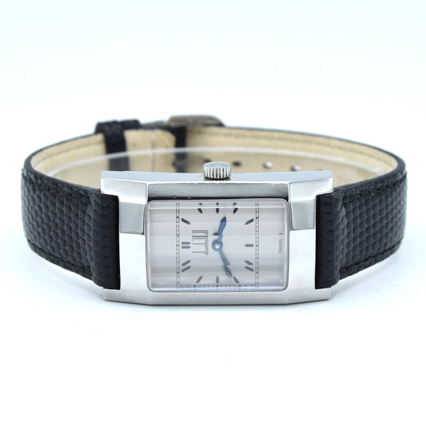 1990s Alfred Dunhill 'Facet' swiss Mechanical Wristwatch with silvered Dial on leather + Buckle & Box