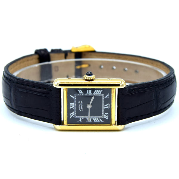 1970s Cartier Ladies Tank 925 Sterling Silver Gilt Vermeil Mechanical Manual Wind with rare black Roman Dial