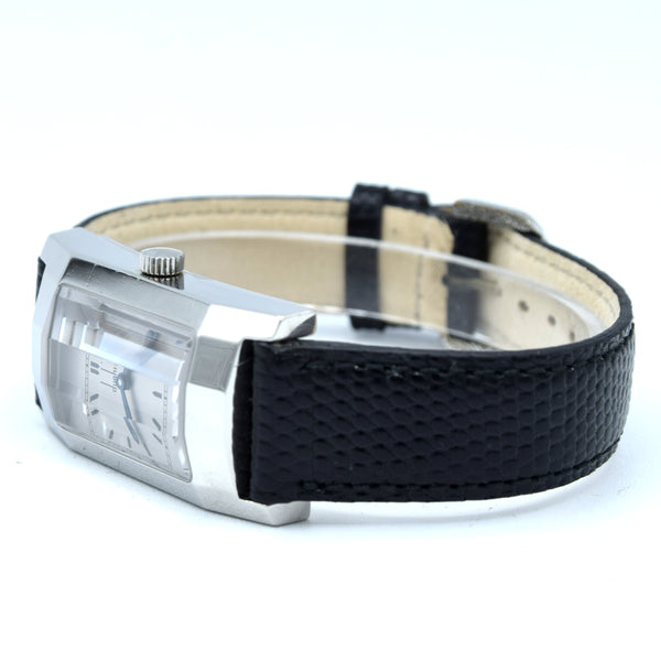 1990s Alfred Dunhill 'Facet' swiss Mechanical Wristwatch with silvered Dial on leather + Buckle & Box