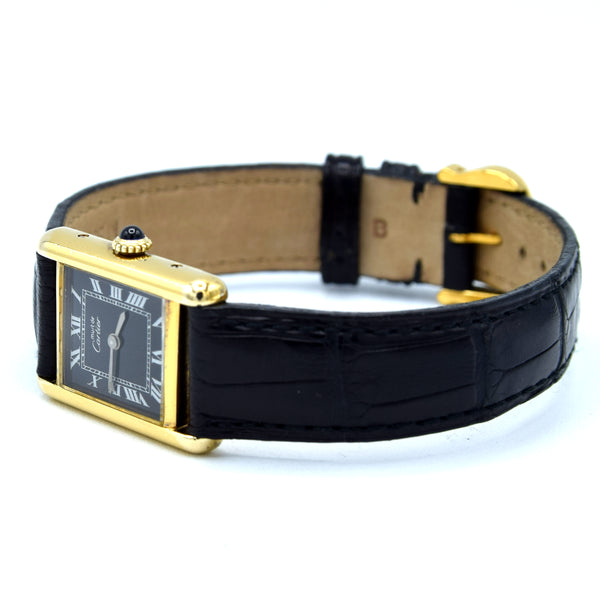 1970s Cartier Ladies Tank 925 Sterling Silver Gilt Vermeil Mechanical Manual Wind with rare black Roman Dial
