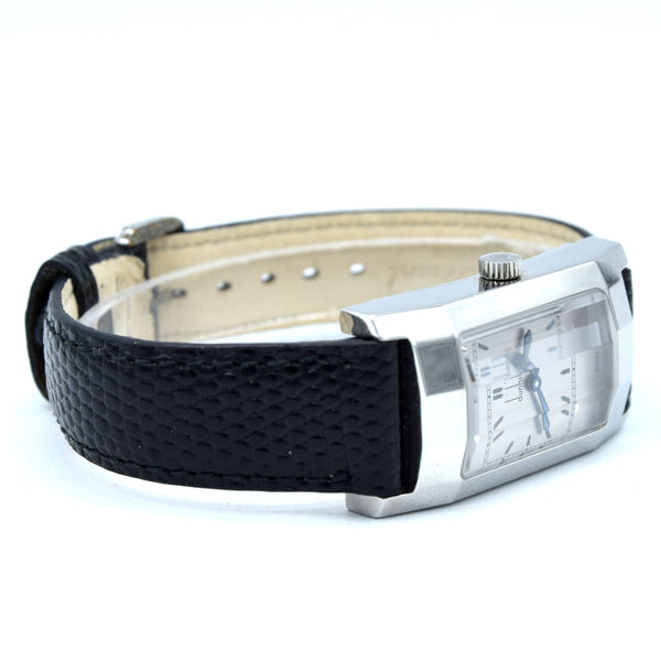 1990s Alfred Dunhill 'Facet' swiss Mechanical Wristwatch with silvered Dial on leather + Buckle & Box