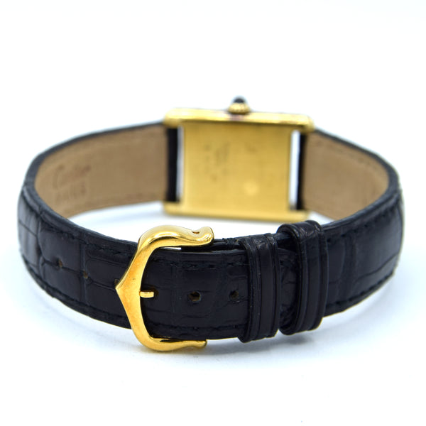 1970s Cartier Ladies Tank 925 Sterling Silver Gilt Vermeil Mechanical Manual Wind with rare black Roman Dial