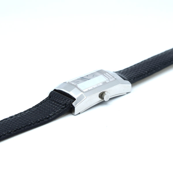 1990s Alfred Dunhill 'Facet' swiss Mechanical Wristwatch with silvered Dial on leather + Buckle & Box