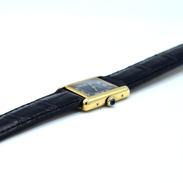 1970s Cartier Ladies Tank 925 Sterling Silver Gilt Vermeil Mechanical Manual Wind with rare black Roman Dial