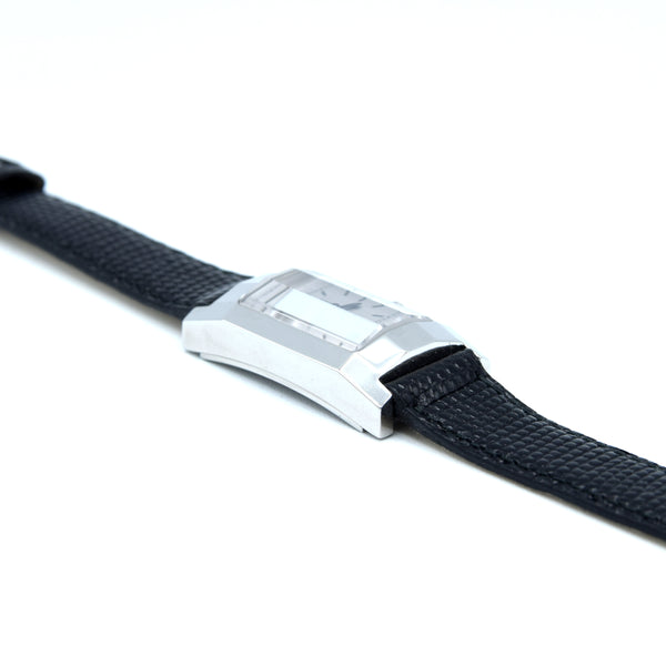 1990s Alfred Dunhill 'Facet' swiss Mechanical Wristwatch with silvered Dial on leather + Buckle & Box