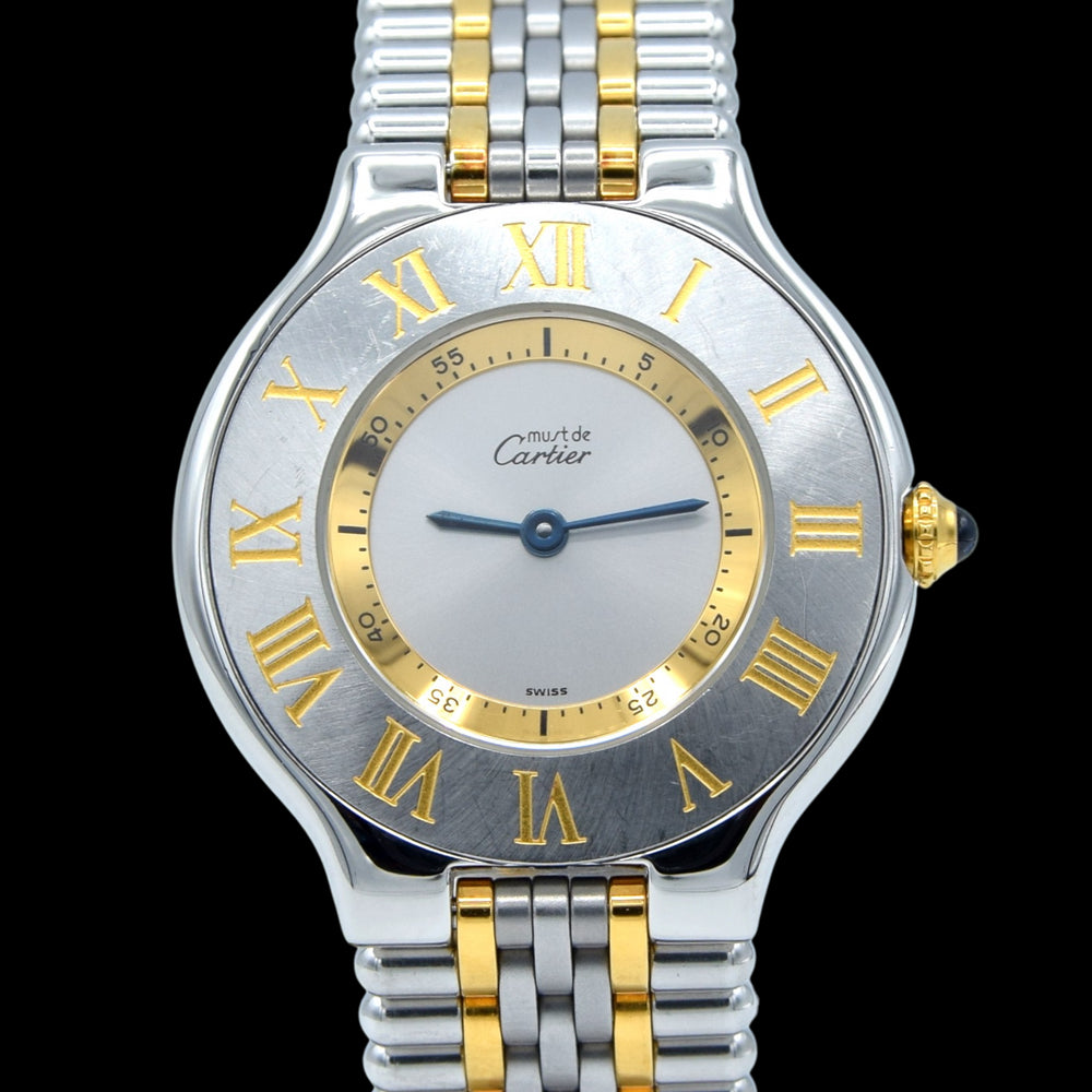 1998 Must De Cartier 21 Unisex Swiss Quartz Wristwatch Gold and Steel on Bracelet Model 1330