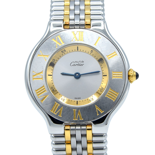 1998 Must De Cartier 21 Unisex Swiss Quartz Wristwatch Gold and Steel on Bracelet Model 1330