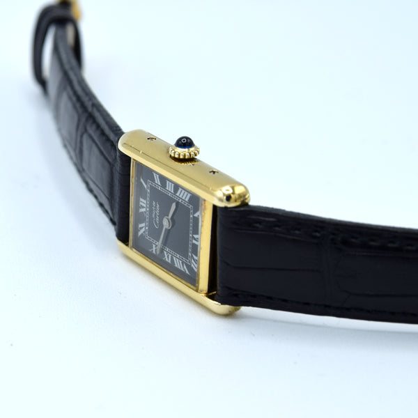 1970s Cartier Ladies Tank 925 Sterling Silver Gilt Vermeil Mechanical Manual Wind with rare black Roman Dial