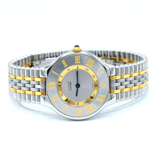 1998 Must De Cartier 21 Unisex Swiss Quartz Wristwatch Gold and Steel on Bracelet Model 1330