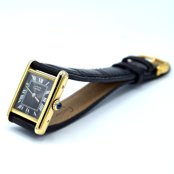 1970s Cartier Ladies Tank 925 Sterling Silver Gilt Vermeil Mechanical Manual Wind with rare black Roman Dial