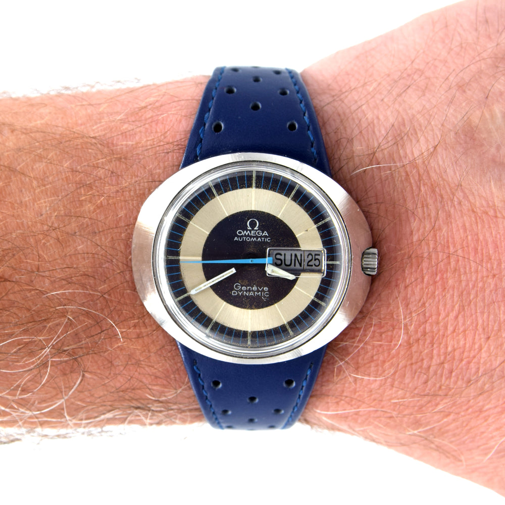 1973 Omega Geneve Dynamic Automatic Day Date with Two Tone Silver and Blue Bullseye Dial Model 166.079
