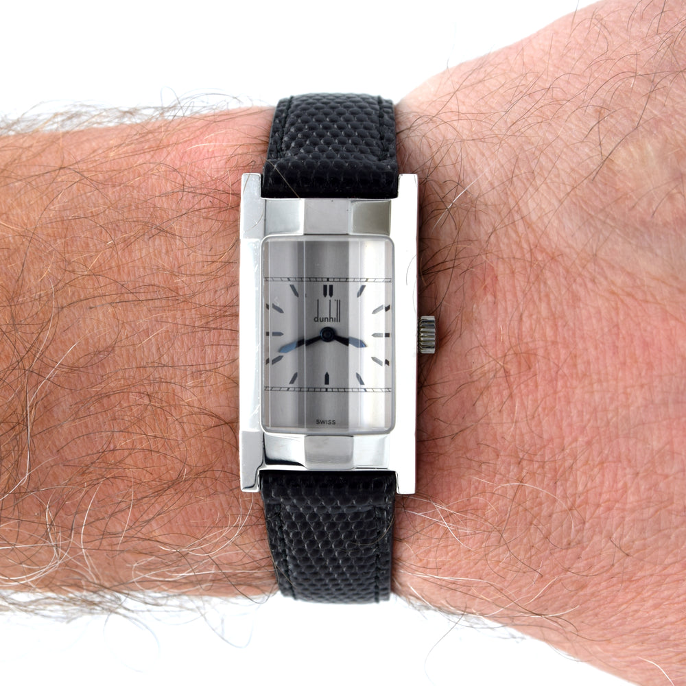 1990s Alfred Dunhill 'Facet' swiss Mechanical Wristwatch with silvered Dial on leather + Buckle & Box