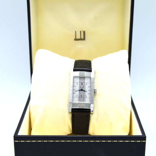 1990s Alfred Dunhill 'Facet' swiss Mechanical Wristwatch with silvered Dial on leather + Buckle & Box