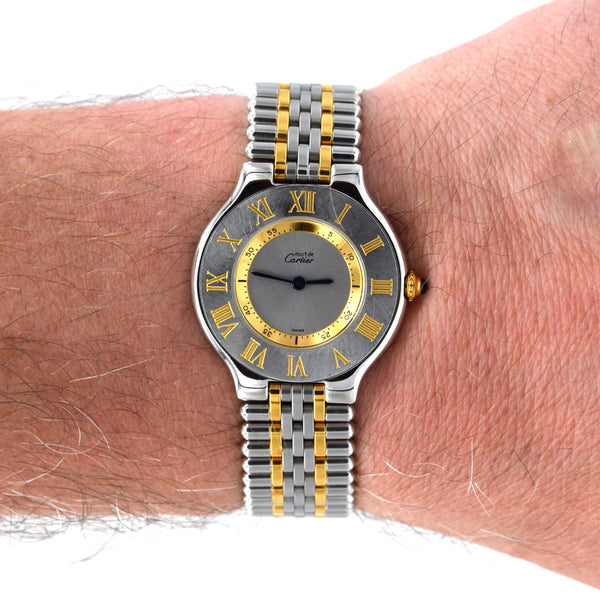 1998 Must De Cartier 21 Unisex Swiss Quartz Wristwatch Gold and Steel on Bracelet Model 1330