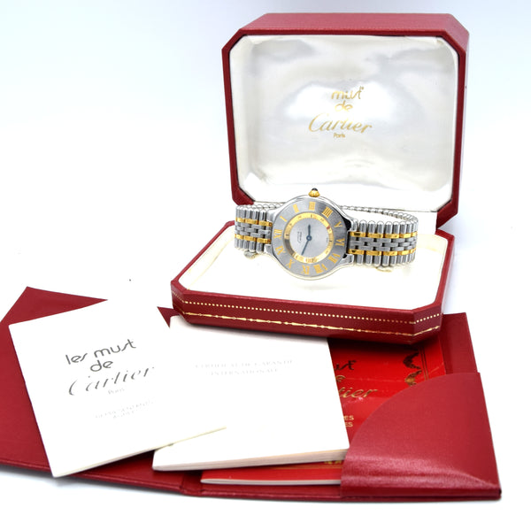 1998 Must De Cartier 21 Unisex Swiss Quartz Wristwatch Gold and Steel on Bracelet Model 1330