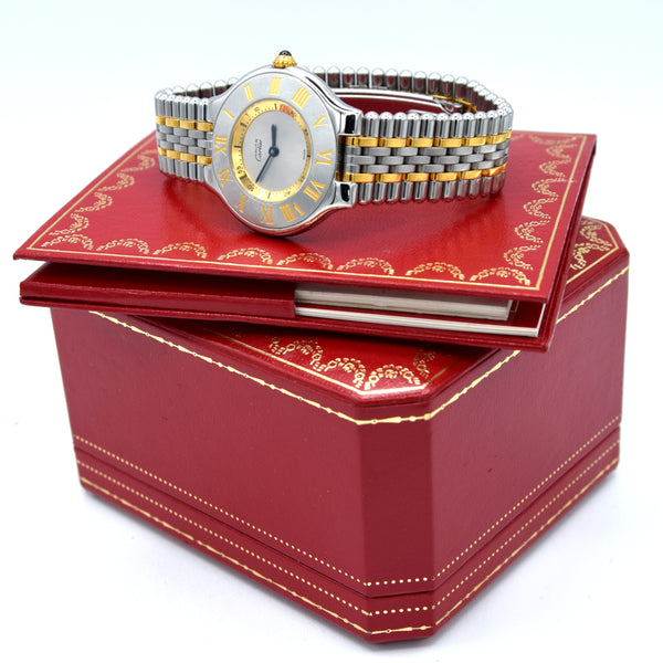 1998 Must De Cartier 21 Unisex Swiss Quartz Wristwatch Gold and Steel on Bracelet Model 1330