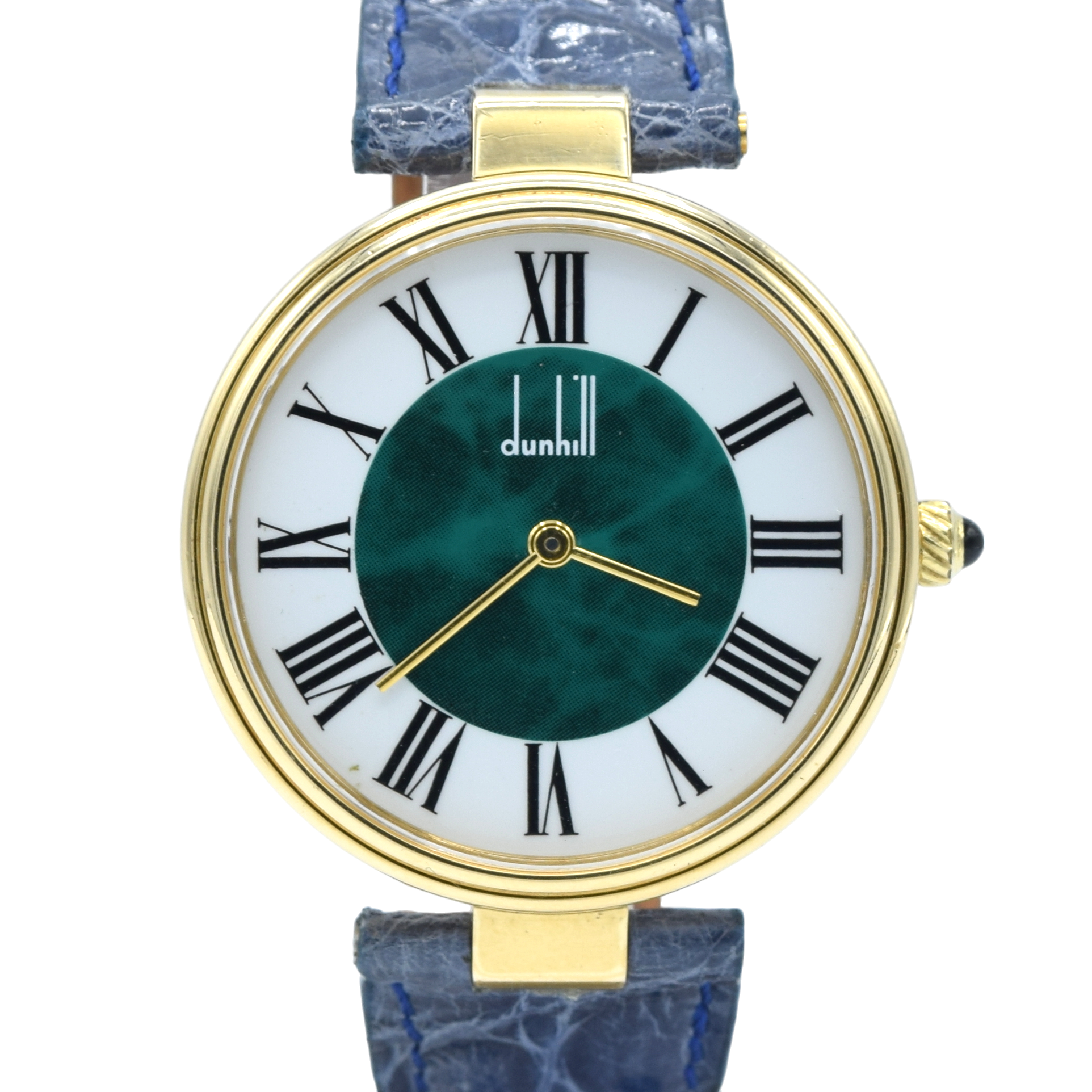 1980 Alfred Dunhill silver 925 sterling 'Green Bulls eye' swiss quartz dress Wristwatch with strap - buckle - box