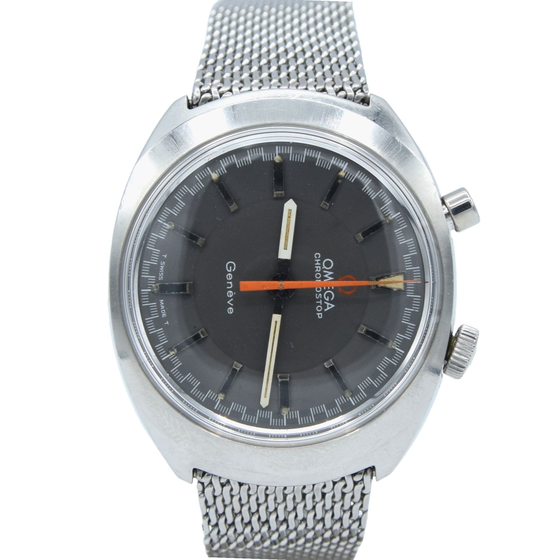 1967 Omega Chronostop Genéve Model 145.010 'Drivers' with Grey Sloped Dial in Stainless Steel on mesh bracelet