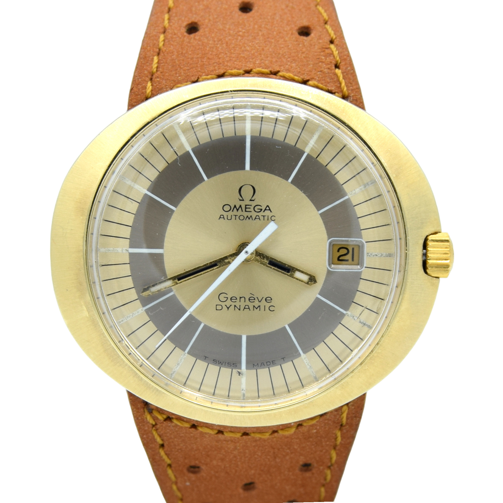 1969 Omega Geneve Dynamic Automatic Date with Gorgeous Two Tone Dial Model 166.039 in Gold Capped Case