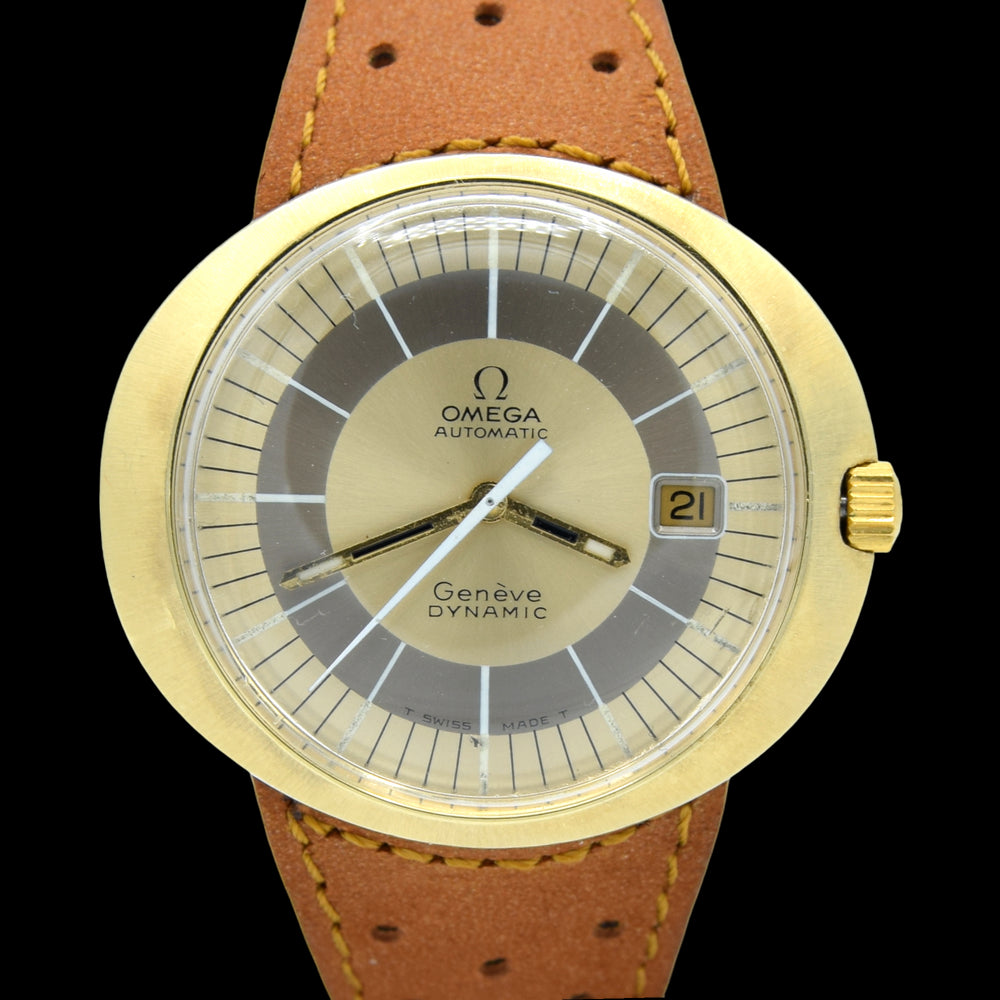 1969 Omega Geneve Dynamic Automatic Date with Gorgeous Two Tone Dial Model 166.039 in Gold Capped Case