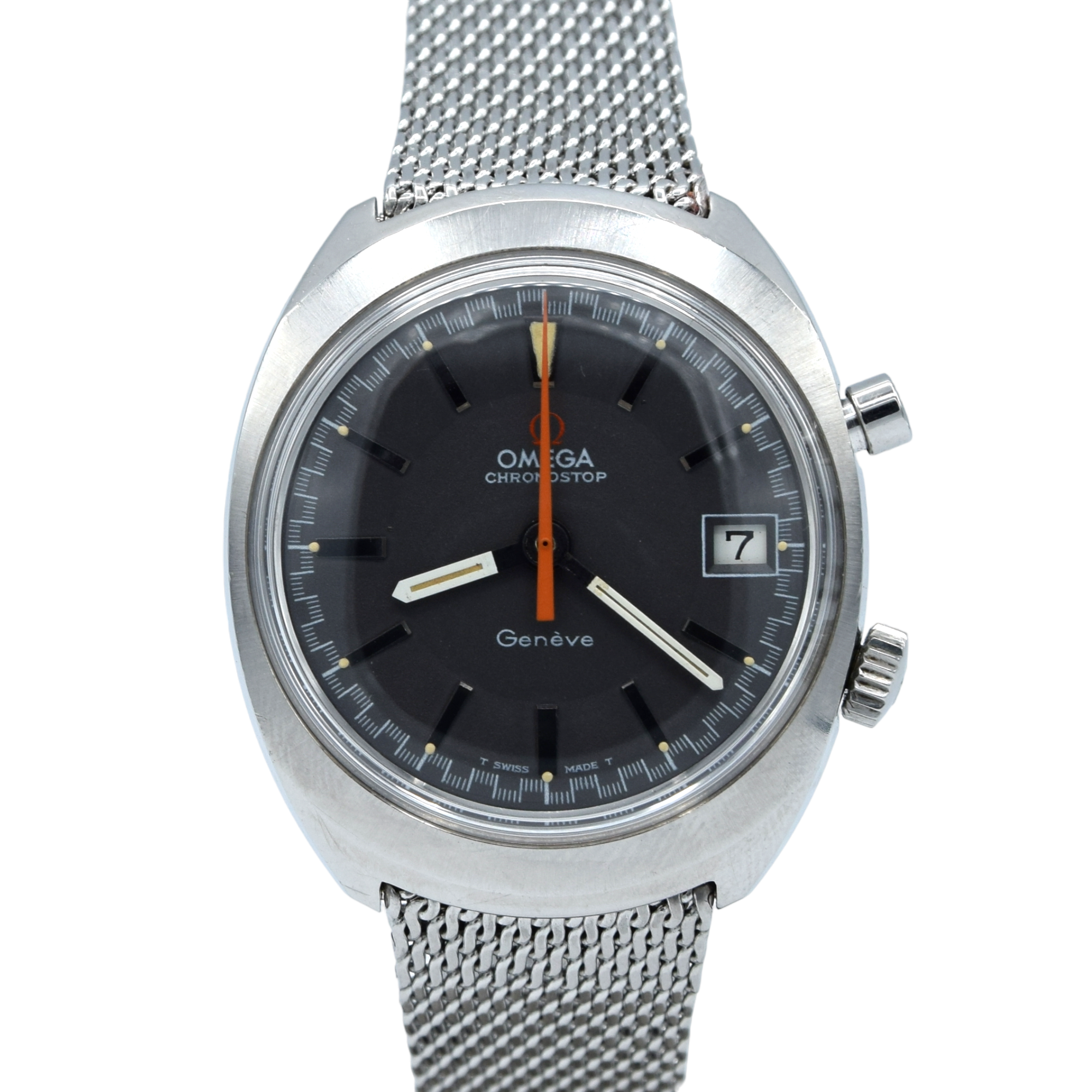 1969 Omega Chronostop Genéve Date Model 146.009 with Grey Sloped Dial in Stainless Steel on mesh bracelet