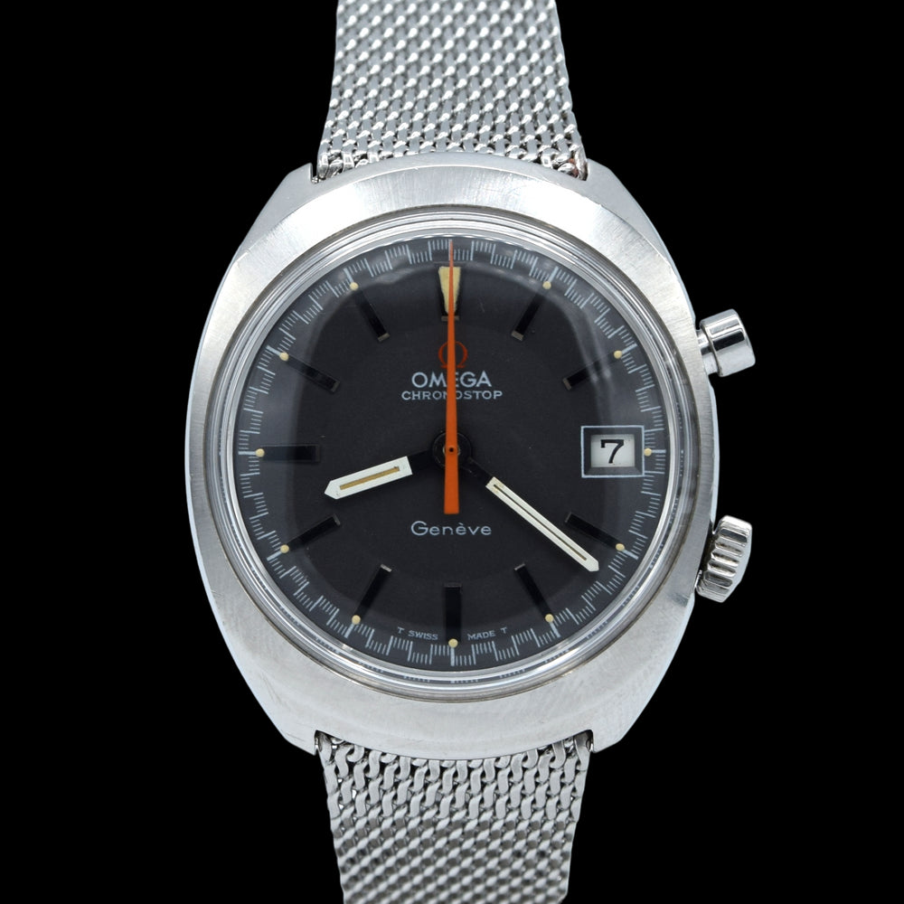 1969 Omega Chronostop Genéve Date Model 146.009 with Grey Sloped Dial in Stainless Steel on mesh bracelet