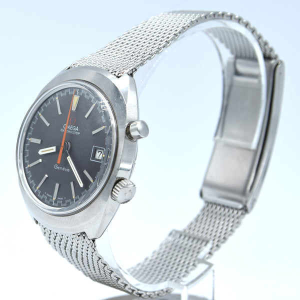 1969 Omega Chronostop Genéve Date Model 146.009 with Grey Sloped Dial in Stainless Steel on mesh bracelet