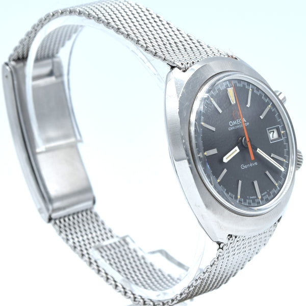 1969 Omega Chronostop Genéve Date Model 146.009 with Grey Sloped Dial in Stainless Steel on mesh bracelet