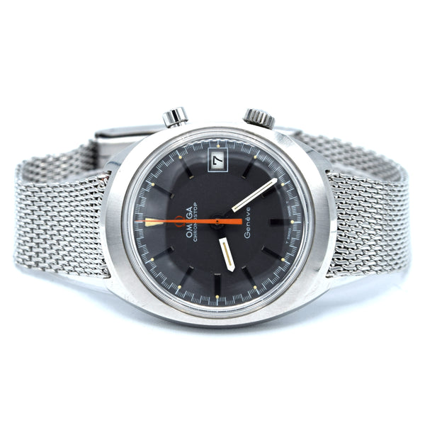 1969 Omega Chronostop Genéve Date Model 146.009 with Grey Sloped Dial in Stainless Steel on mesh bracelet