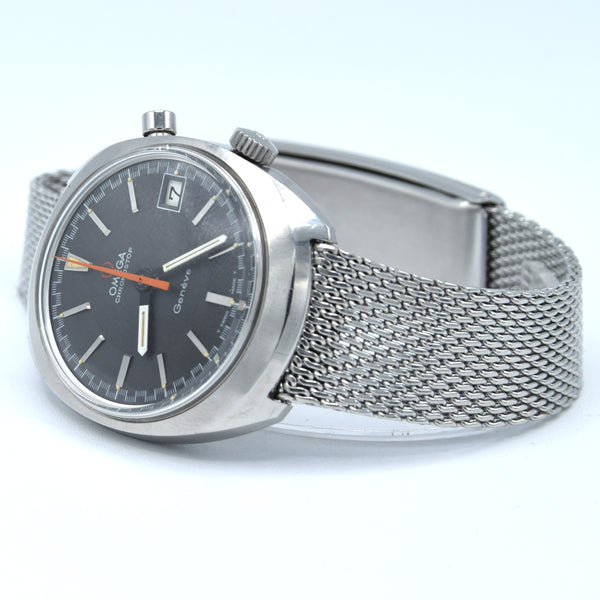 1969 Omega Chronostop Genéve Date Model 146.009 with Grey Sloped Dial in Stainless Steel on mesh bracelet