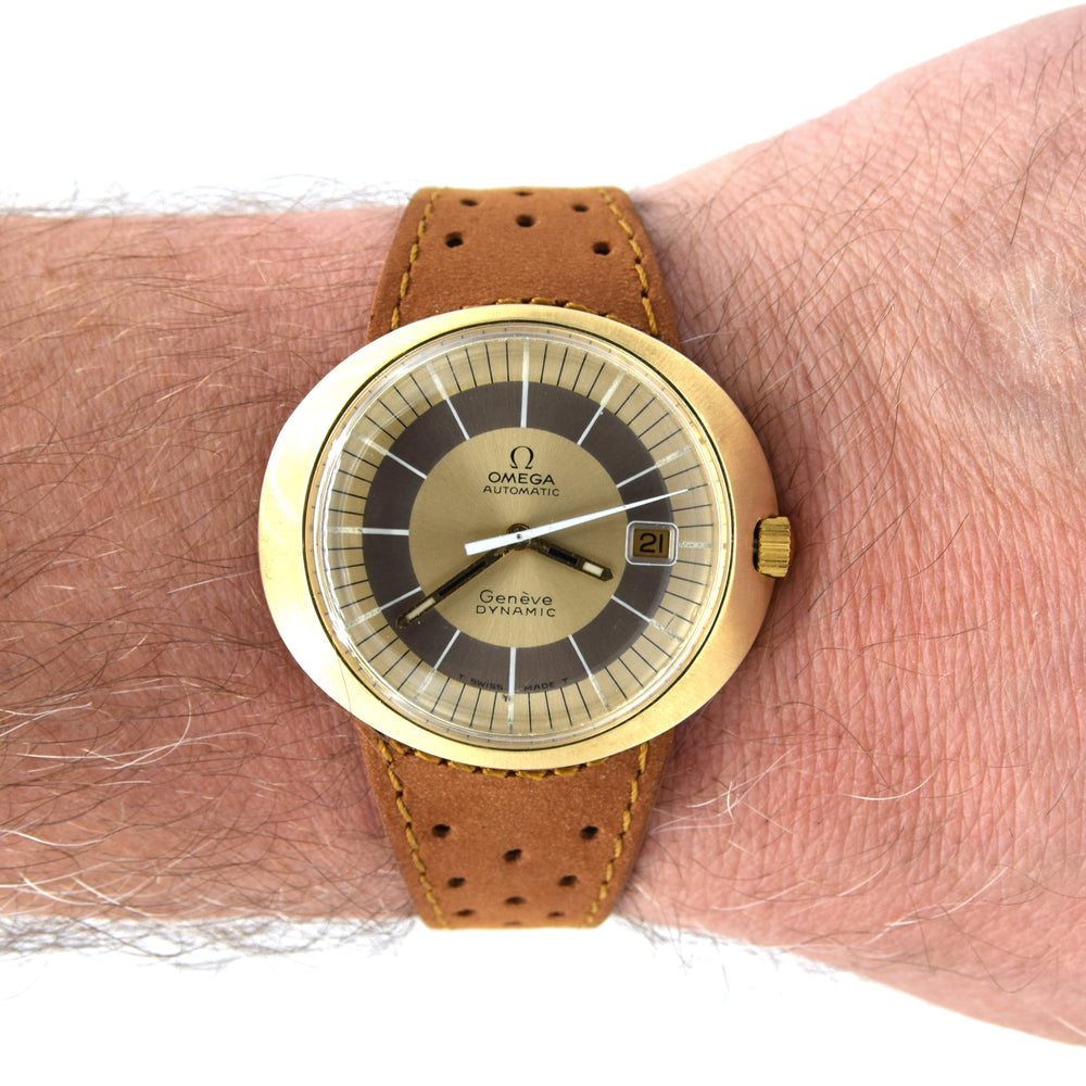 1969 Omega Geneve Dynamic Automatic Date with Gorgeous Two Tone Dial Model 166.039 in Gold Capped Case