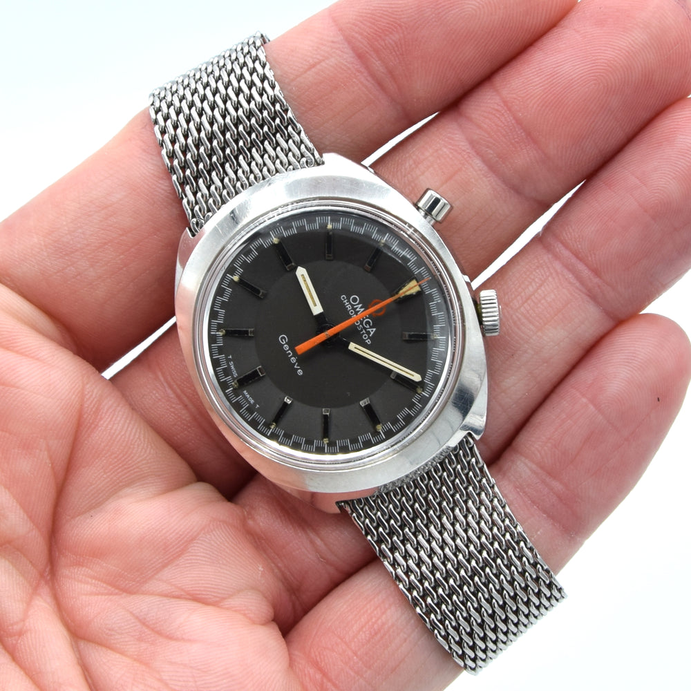 1967 Omega Chronostop Genéve Model 145.010 'Drivers' with Grey Sloped Dial in Stainless Steel on mesh bracelet