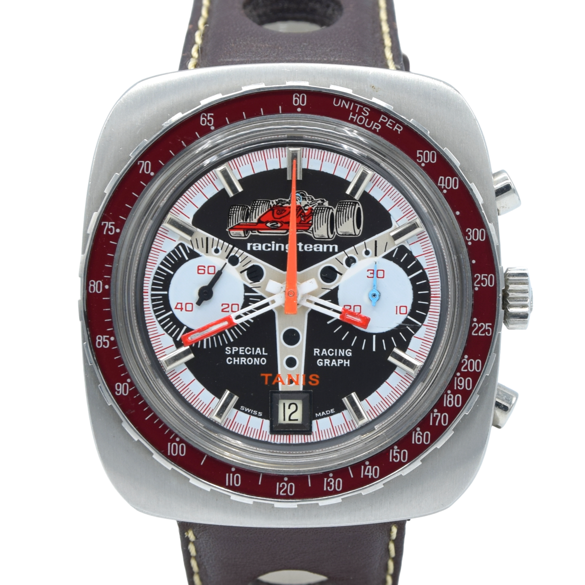 1970s Tanis NOS Special F1 Racing Team Chronograph Date with Bakelite Bezel Valjoux Cal 7734