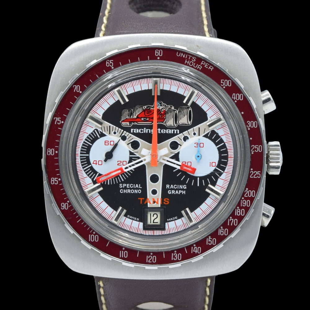 1970s Tanis NOS Special F1 Racing Team Chronograph Date with Bakelite Bezel Valjoux Cal 7734