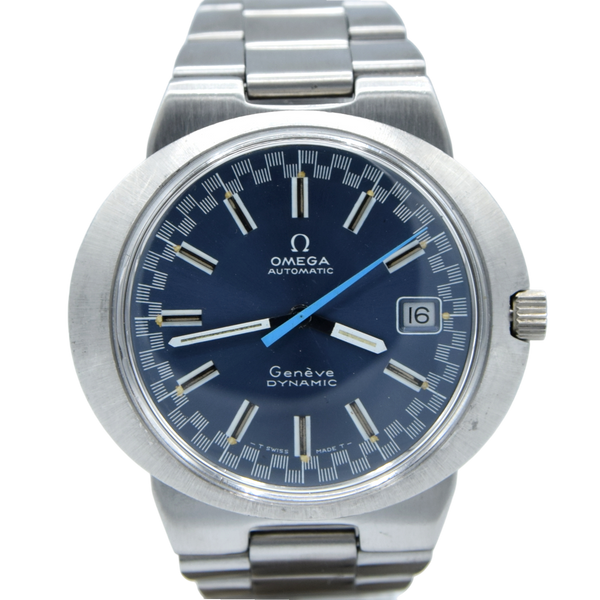 Omega Geneve Dynamic  Automatic Date with Rarer blue racing Dial 166.039 in Stainless Steel on Bracelet