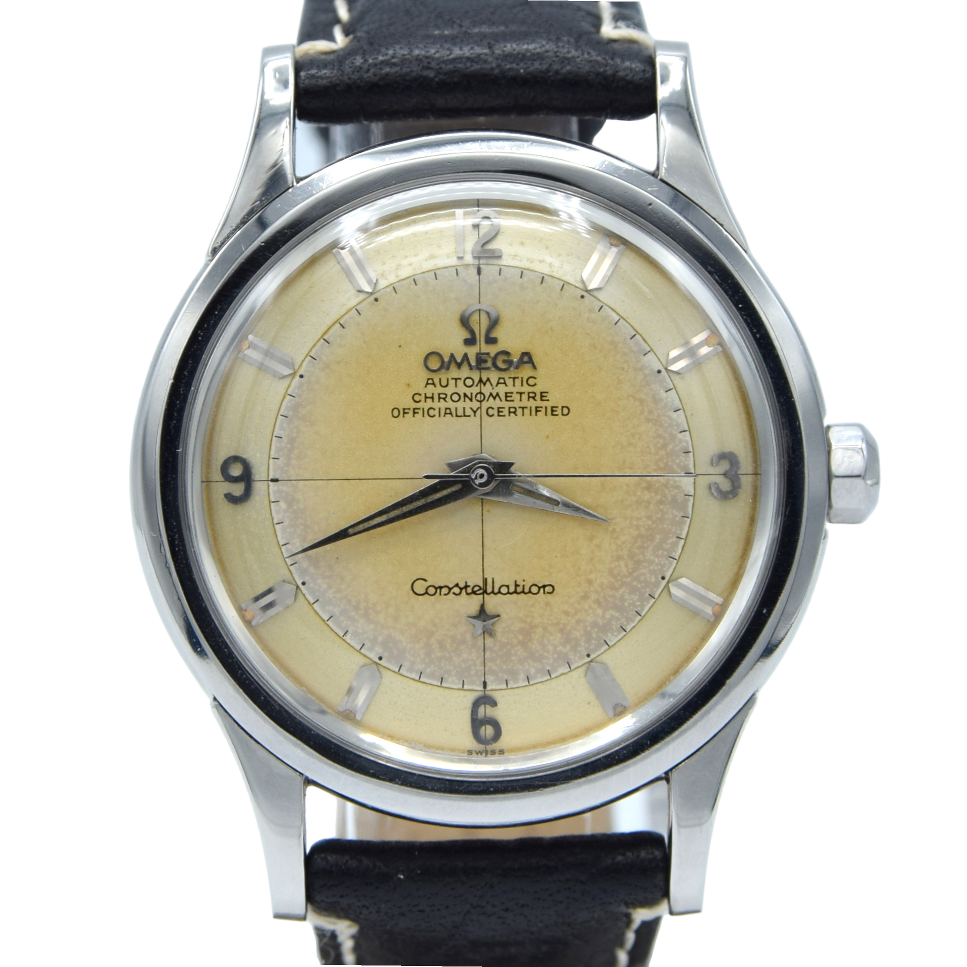 1958 Omega Constellation Chronometer Early Model 2852 with Crosshair Patina Dial in stainless steel