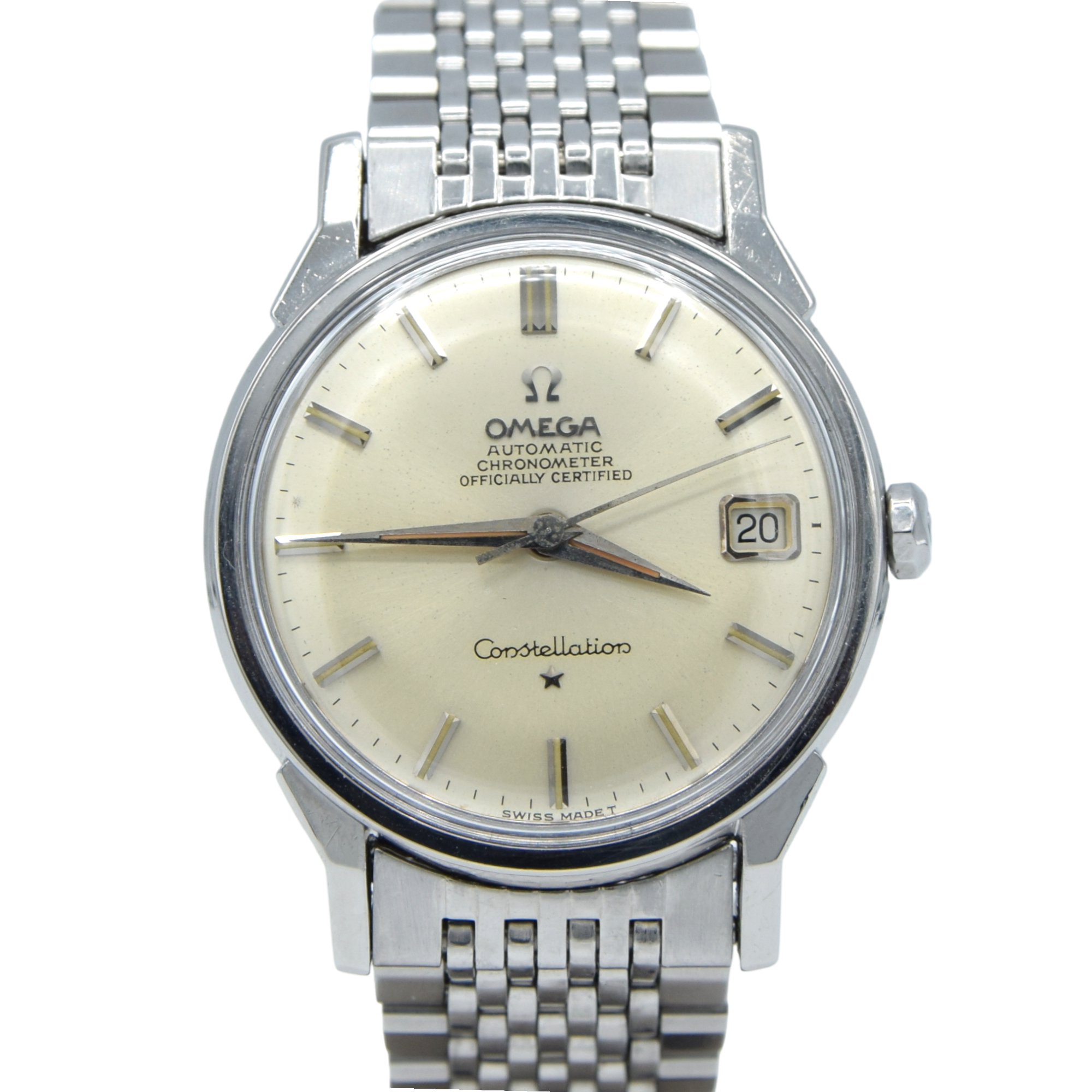 1966 Omega Constellation Automatic Date with Dog Leg Lugs Model 168.005 in Original Unpolished Condition on Beads of Rice Bracelet