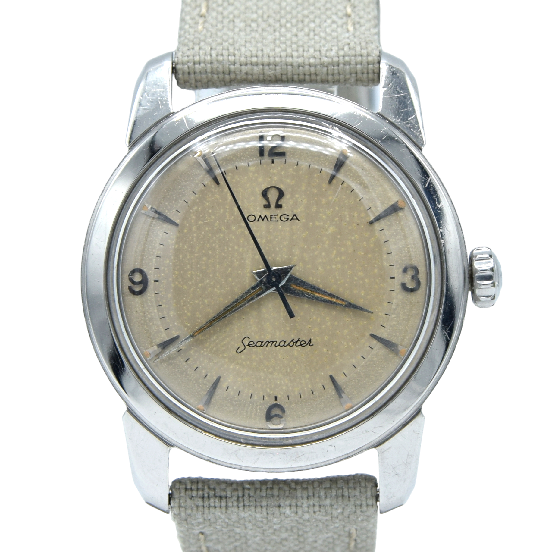 1956 Omega Seamaster Manual Wind 2154 with Mixed Arabic Figures in Stainless Steel Denisteel England