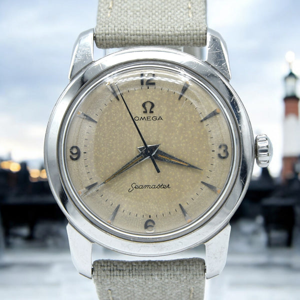 1956 Omega Seamaster Manual Wind 2154 with Mixed Arabic Figures in Stainless Steel Denisteel England