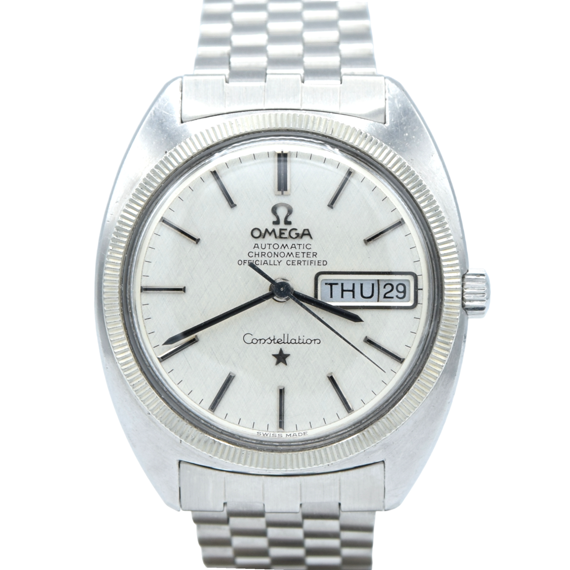 1969 Omega Constellation Automatic Chronometer Day / Date "C" Case Model 168.029 with Linen Dial & White Gold Bezel