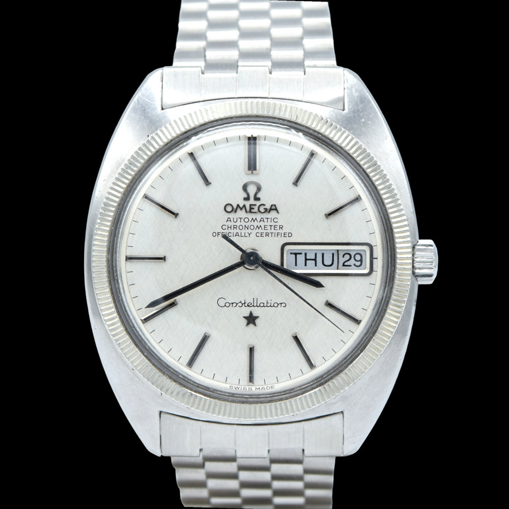 1969 Omega Constellation Automatic Chronometer Day / Date "C" Case Model 168.029 with Linen Dial & White Gold Bezel