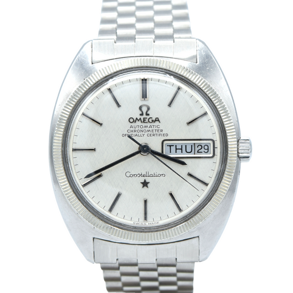 1969 Omega Constellation Automatic Chronometer Day / Date Model 168.029 with Linen Dial & white gold bezel