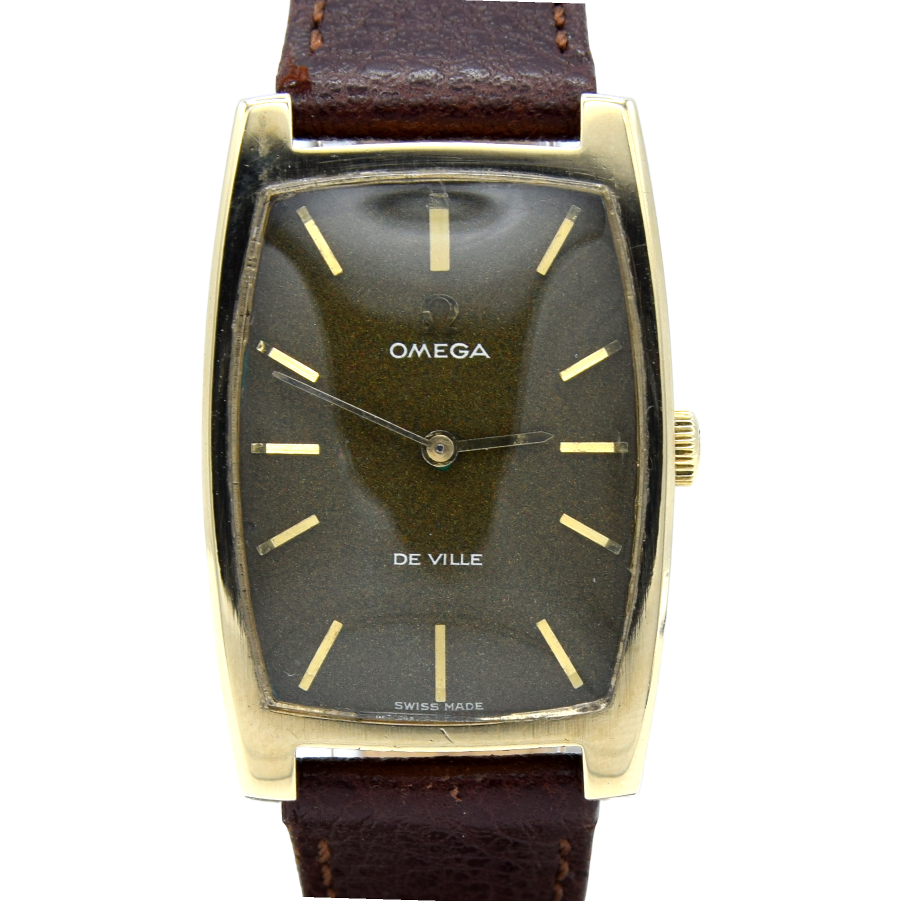 1969 Omega De Ville Unisex Rectangular Wristwatch Model 111.5085 with Unusual Original Khaki Green Dial in 9ct Gold with Original Buckle